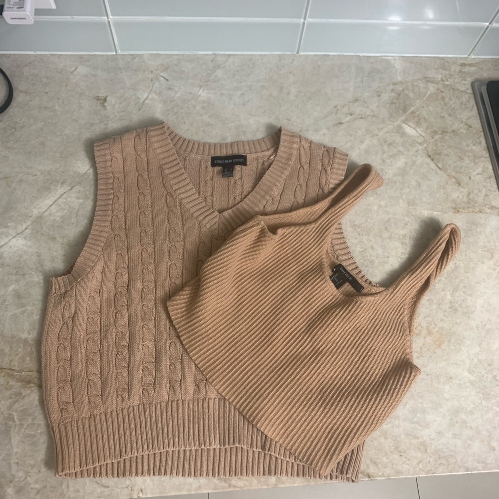 Cable knit square neck crop and vest